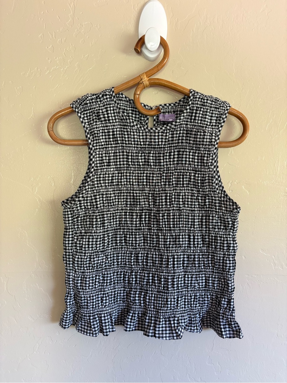 Lotus & Lavender Smocked Ruffle Gingham Checkered Black White Sleeveless Top L